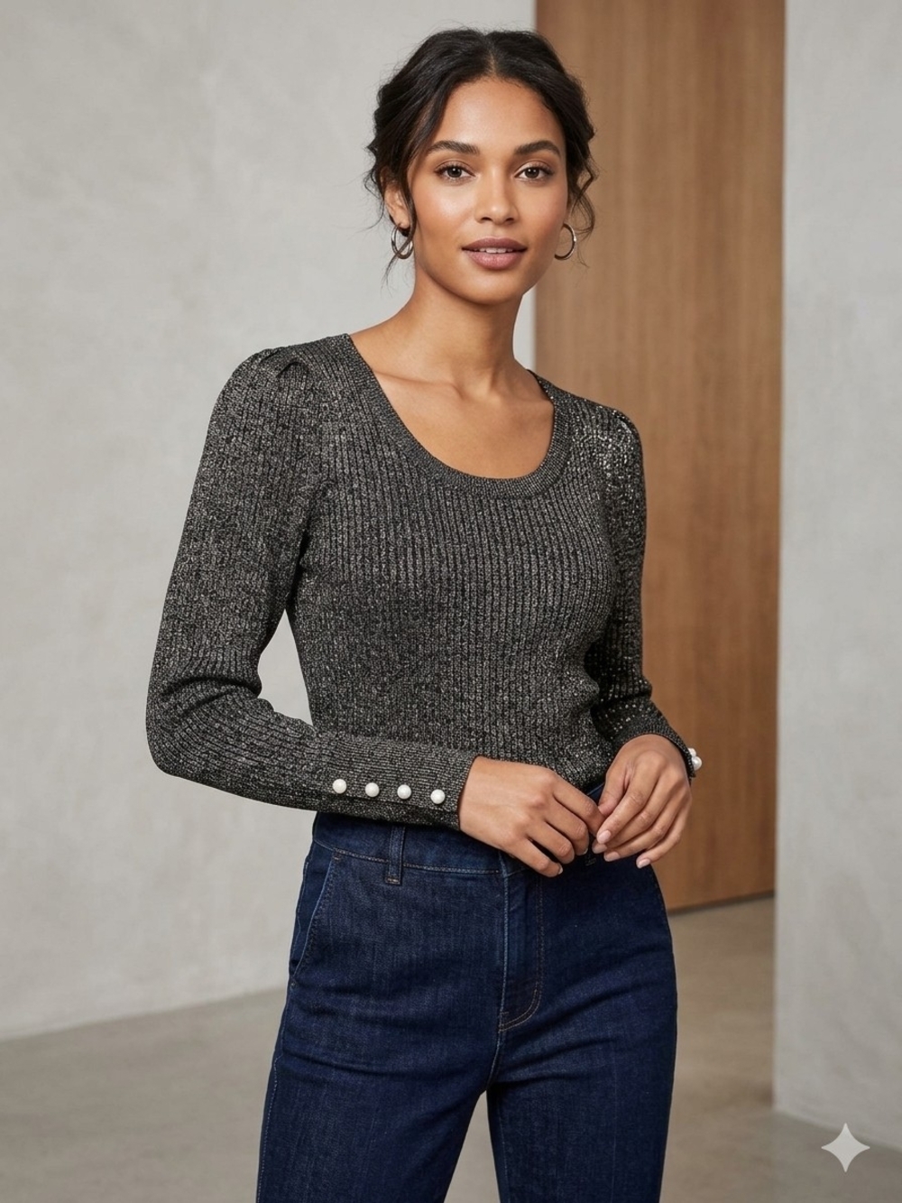 LOFT Metallic Ribbed Scoop Neck Sweater with Pearl Cuff Buttons